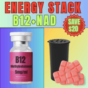 Energy Stack product featuring B12 injection vial, NAD+ troches, and promotional "Save $20" badge, emphasizing wellness and energy enhancement.